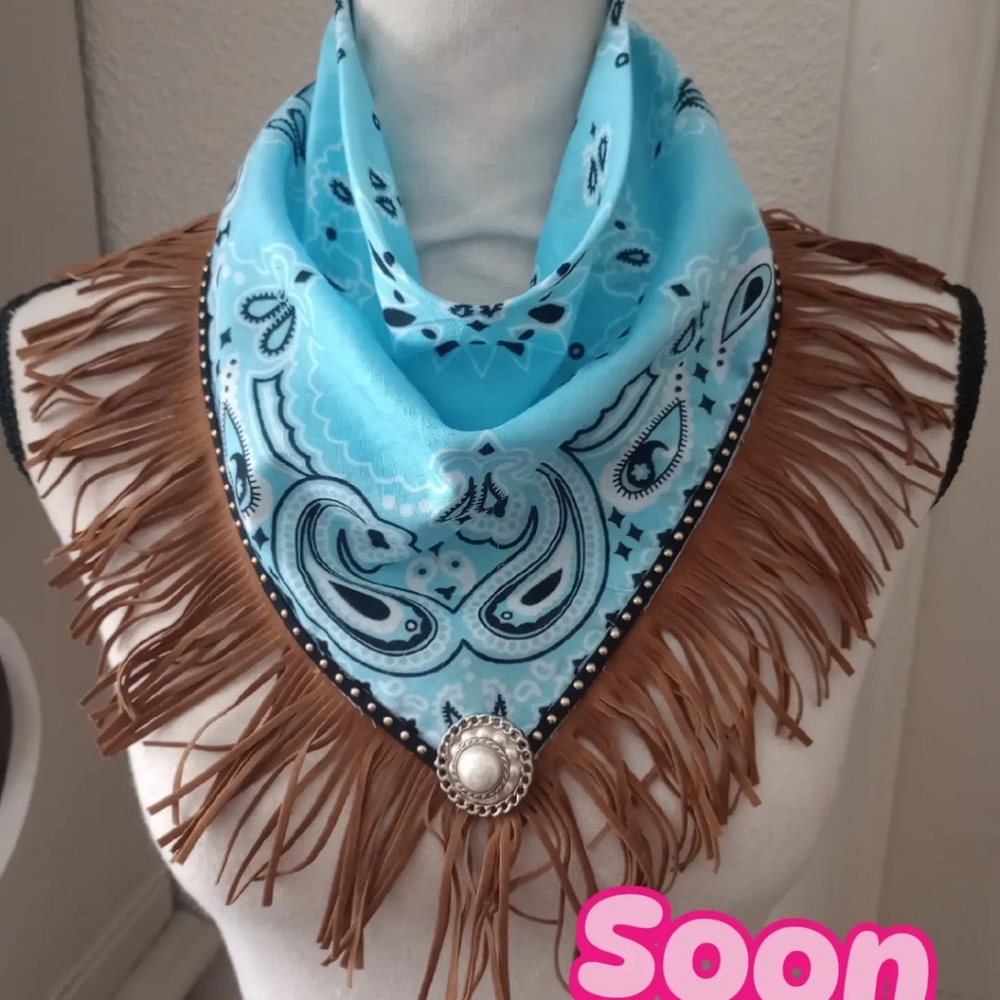 Fringed Blue and Brown Bandana Scarf